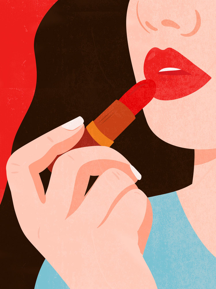 An illustration of a woman applying lipstick.