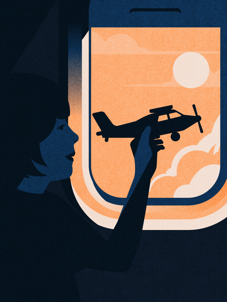 An illustration of a child flying a toy plane next to an airplane window.
