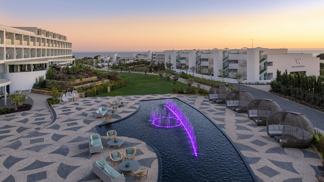 The fountain at the W Algarve hotel at night.
