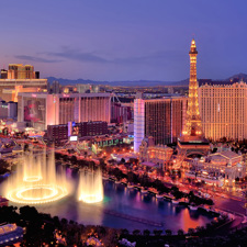 A wide view of Las Vegas at night.