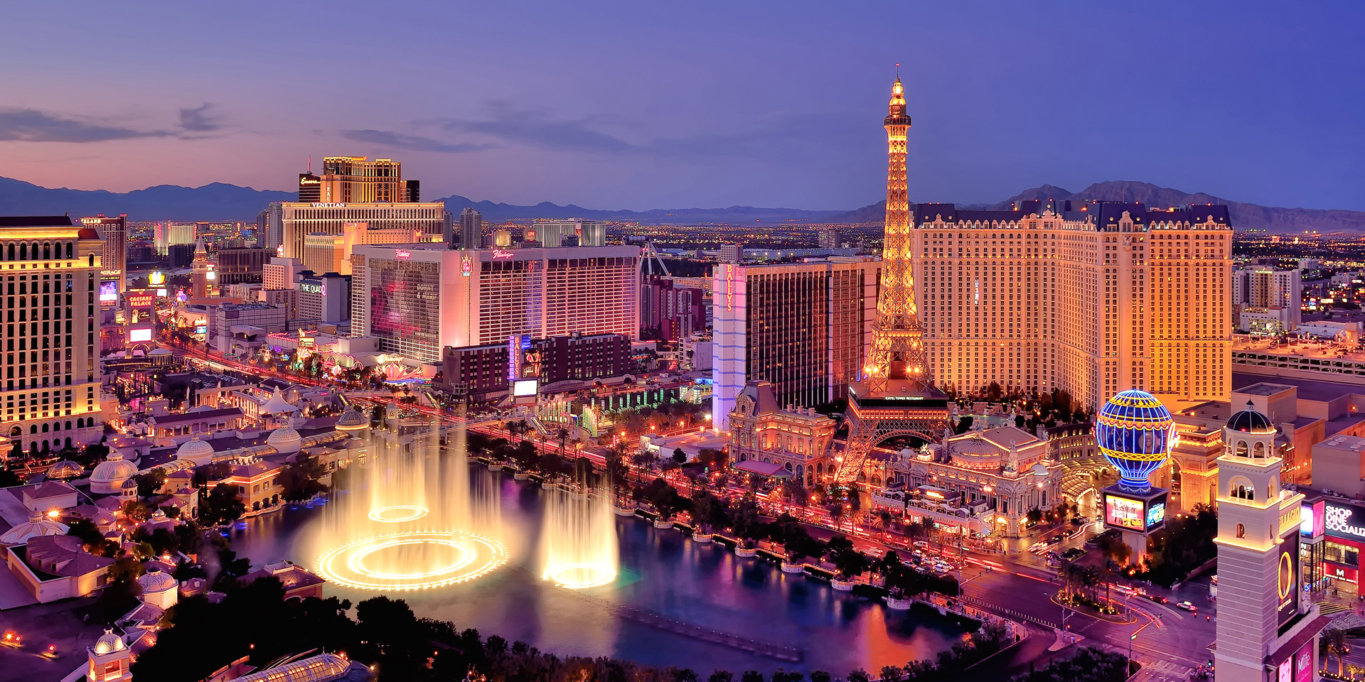 A wide view of Las Vegas at night.