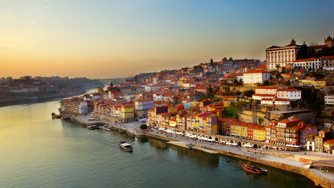 A view of Porto at sunset.