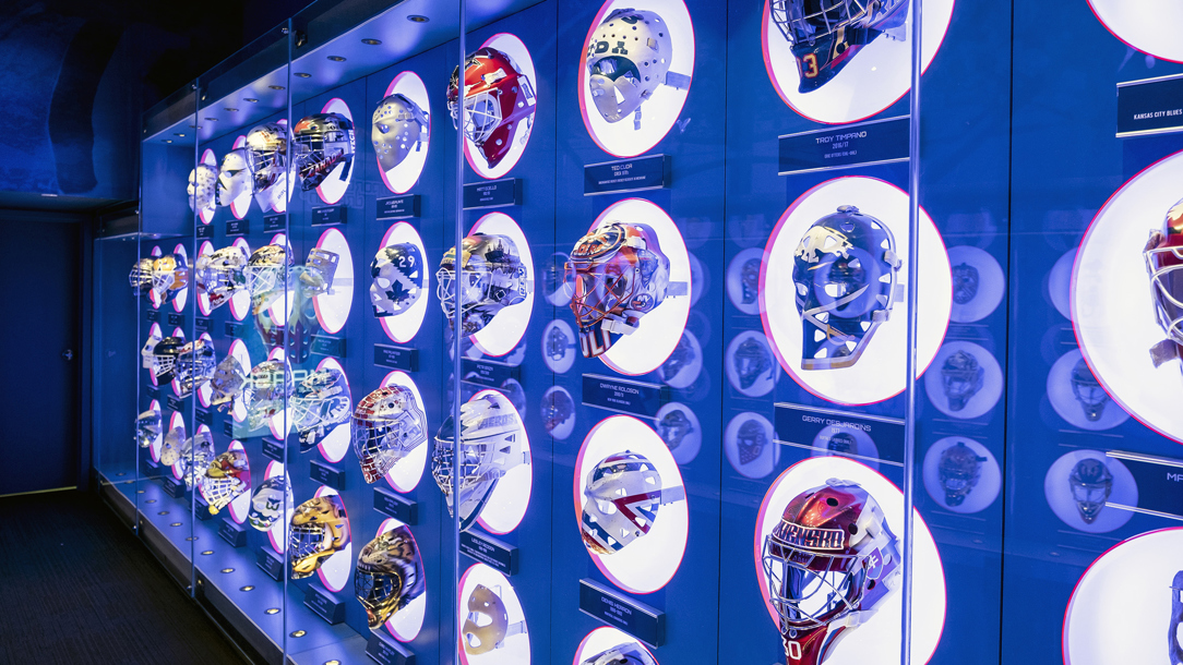 Helmets on display in the Hockey Hall of Fame.