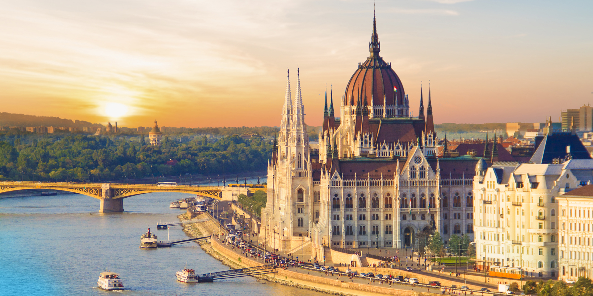 A wide angle view of Budapest at sunset.