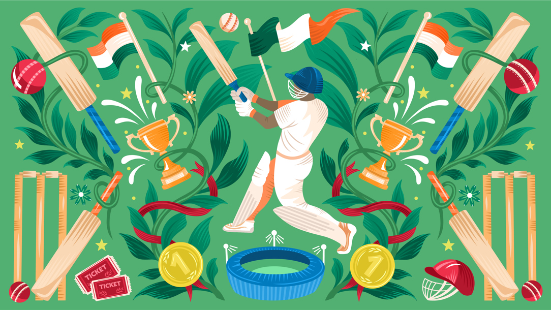 An illustration showing a cricketer and sporting equipment.