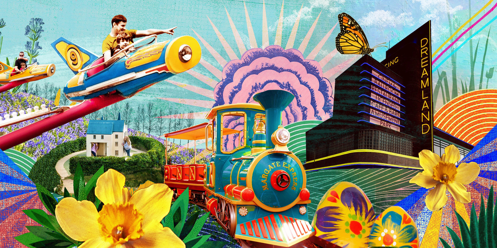 An illustration featuring spring flowers and different attractions for the family.