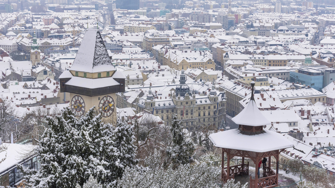 Snow covering the town of Graz in Austria.