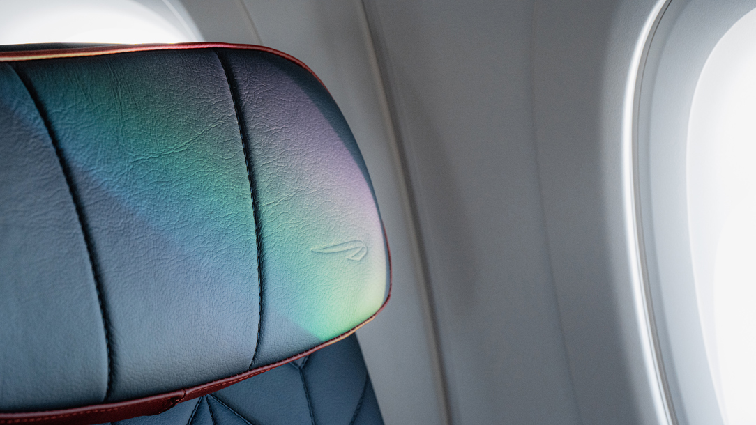 The sun striking a seat on an Airbus A320 plane.