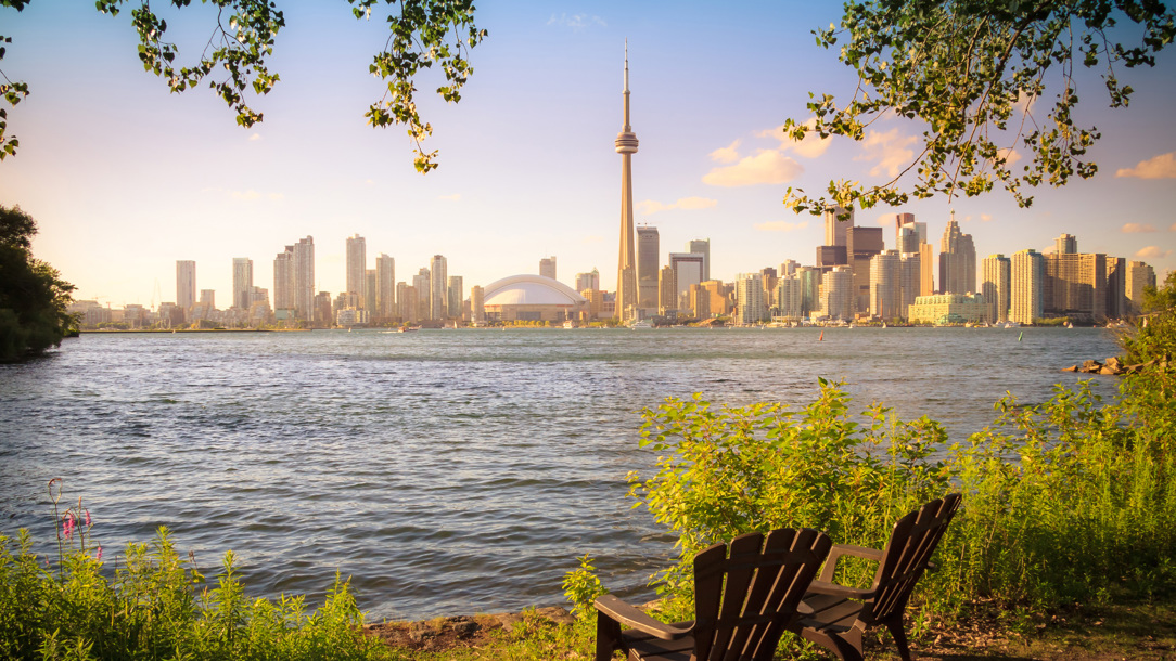 A wide view of the Toronto skyline.