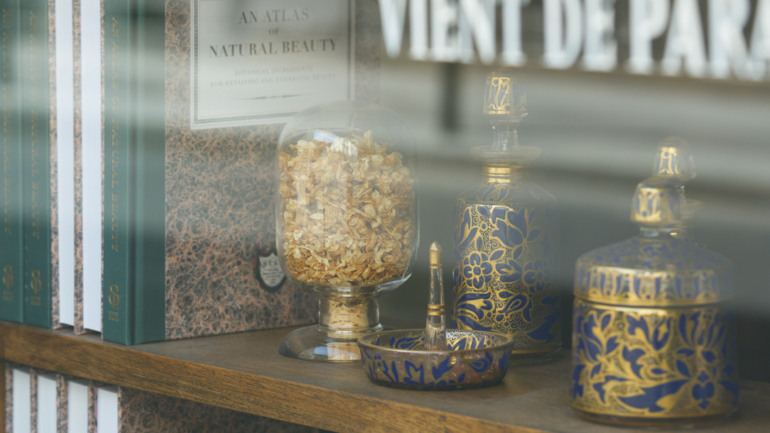 A shop window with reflections.