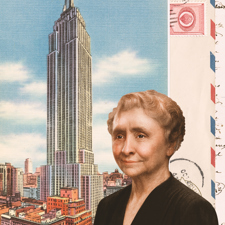 An illustration of Helen Keller in front of an old postcard of the Empire State Building.
