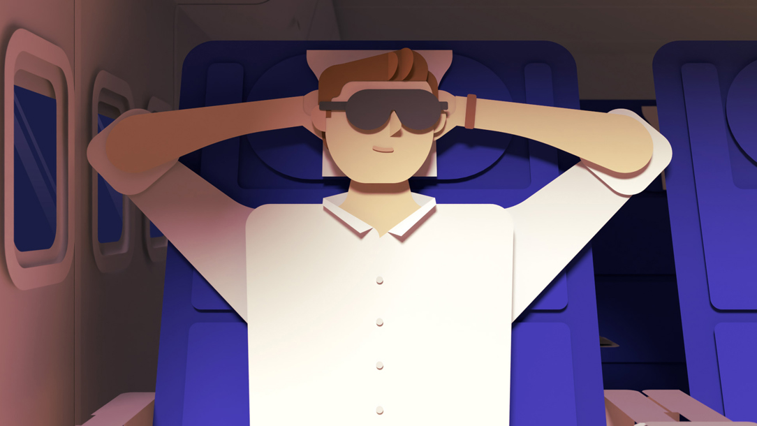 An animated gif of a man asleep on a plane, in bed and on a beach.