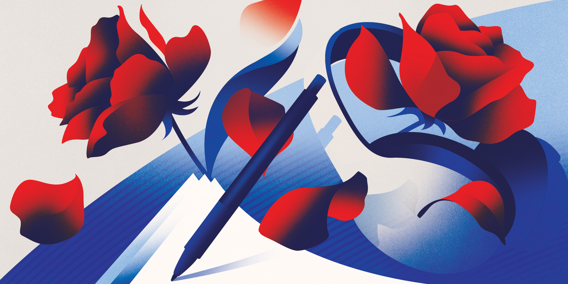An abstract illustration showing rose petals and pens in tones of red, white and blue.