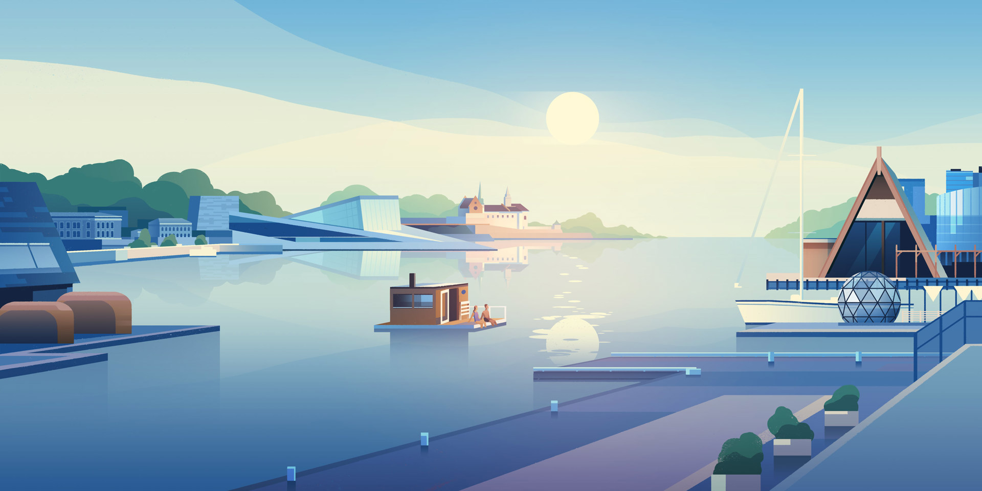 An illustration of a sauna on a lake.