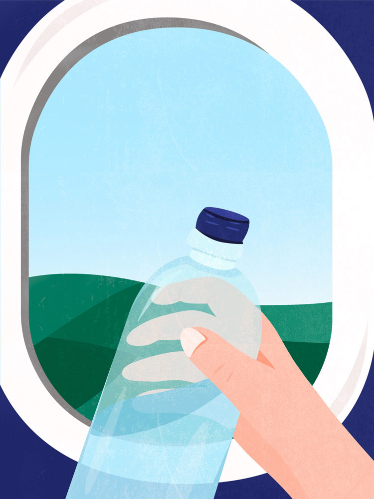 An illustration of a bottle of water against an airplane window.