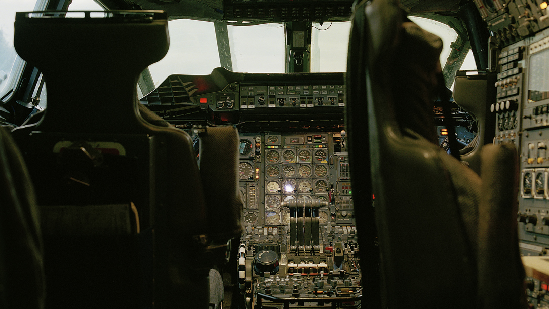 Inside the cockpit of a Concorde airplane.