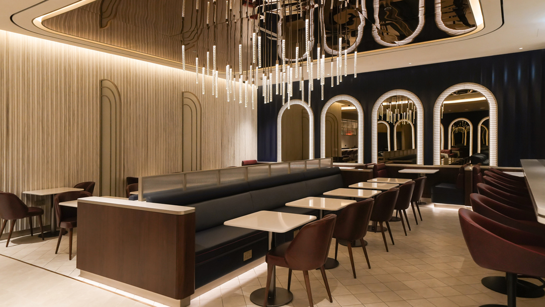 A detail including a grand chandelier at the British Airways lounge at Dubai airport..