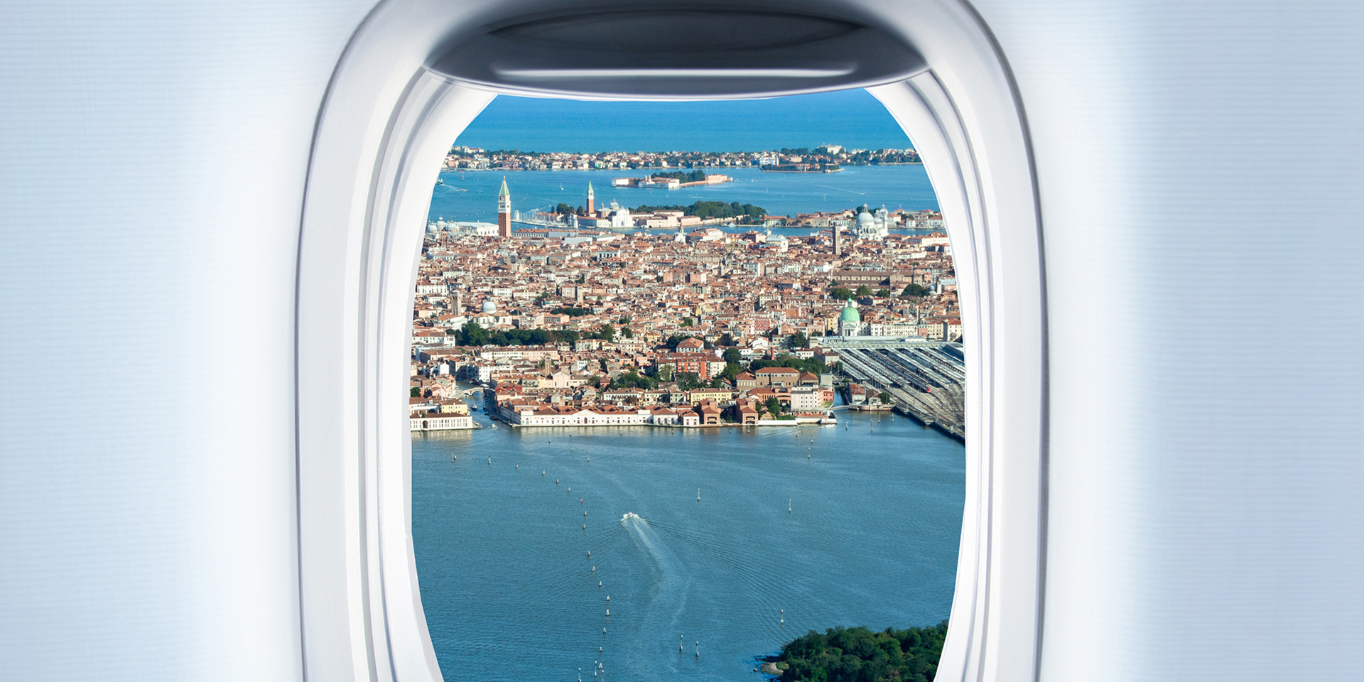 A view of Venice from an airplane window.