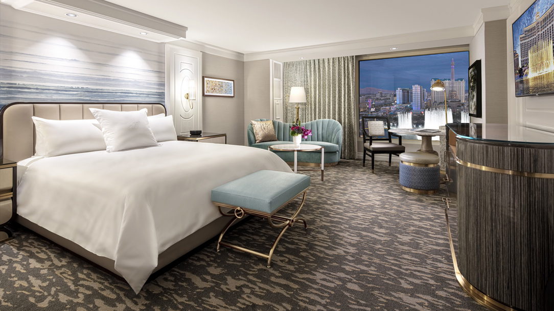 A bedroom at The Bellagio hotel in Las Vegas.
