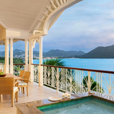 A patio looking out to a mountain at the Landings Resort And Spa.