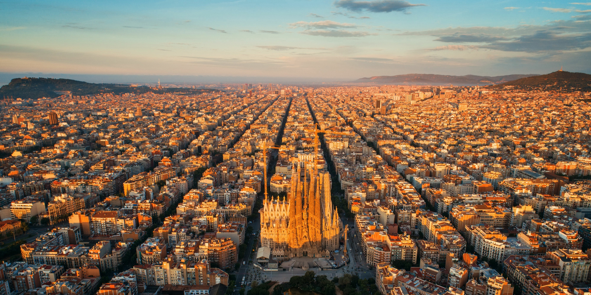 An overhead view of Barcelona showing the grid pattern of the city.