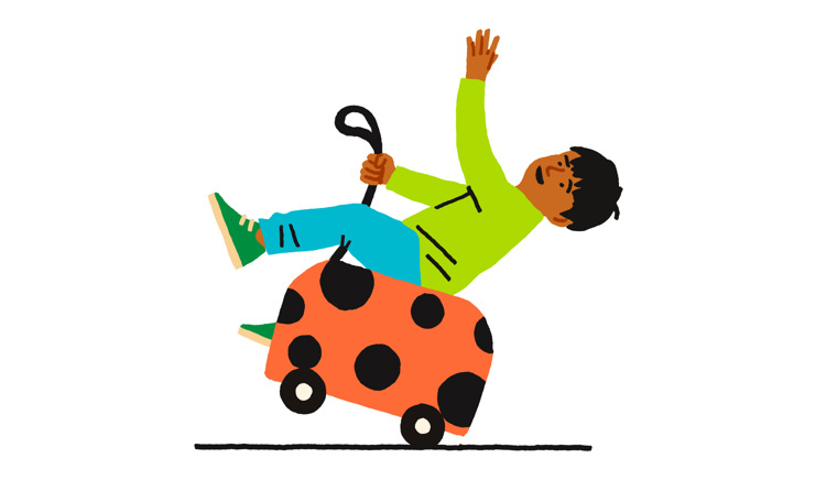 An illustration of a young toddler playing on a suitcase.