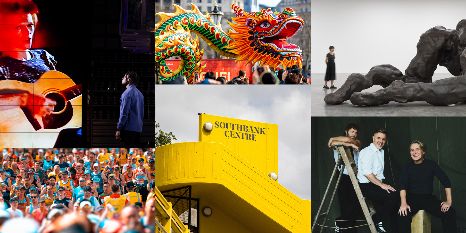 A collage of events in London showing the David Bowie Centre, China Town, an artwork by Tracey Emin, the London marathon, the Southbank Centre and the pop group Take That.