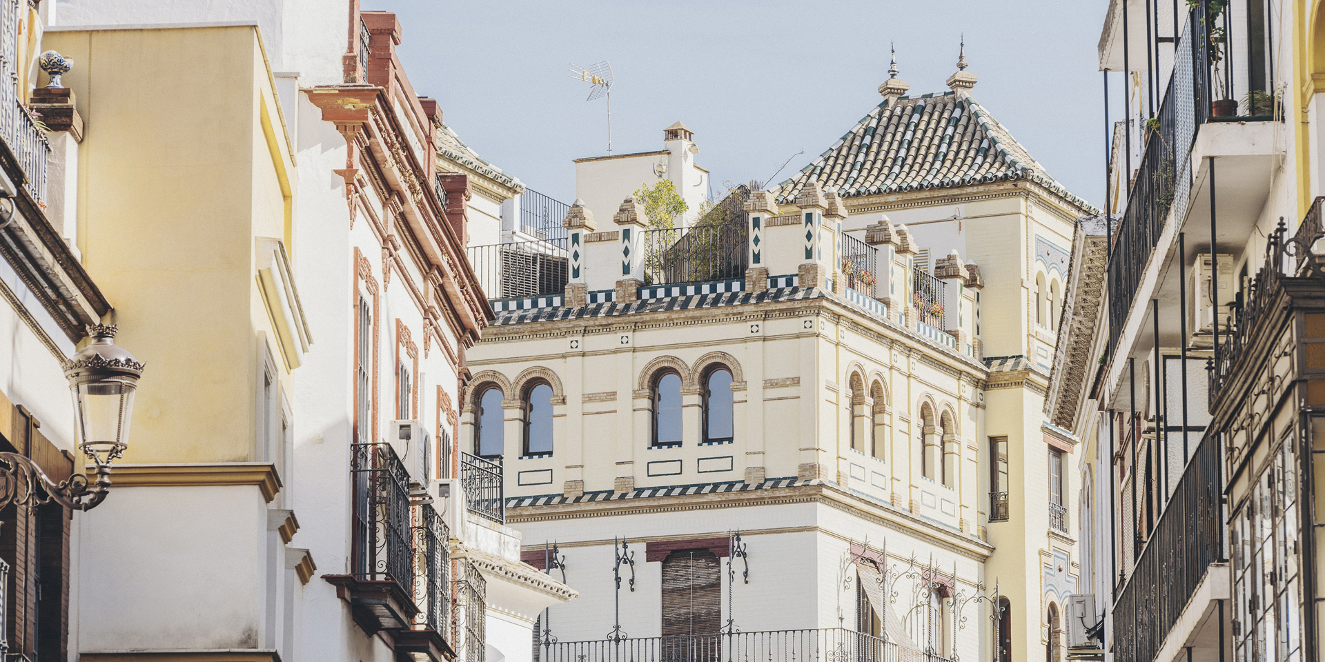 A close up view of architecture in Sevilla.