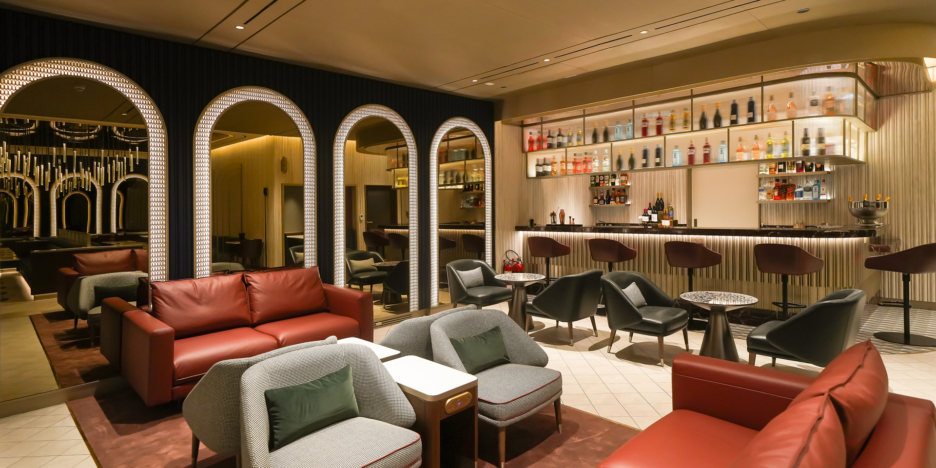 A wide view of the British Airways lounge at Dubai airport.