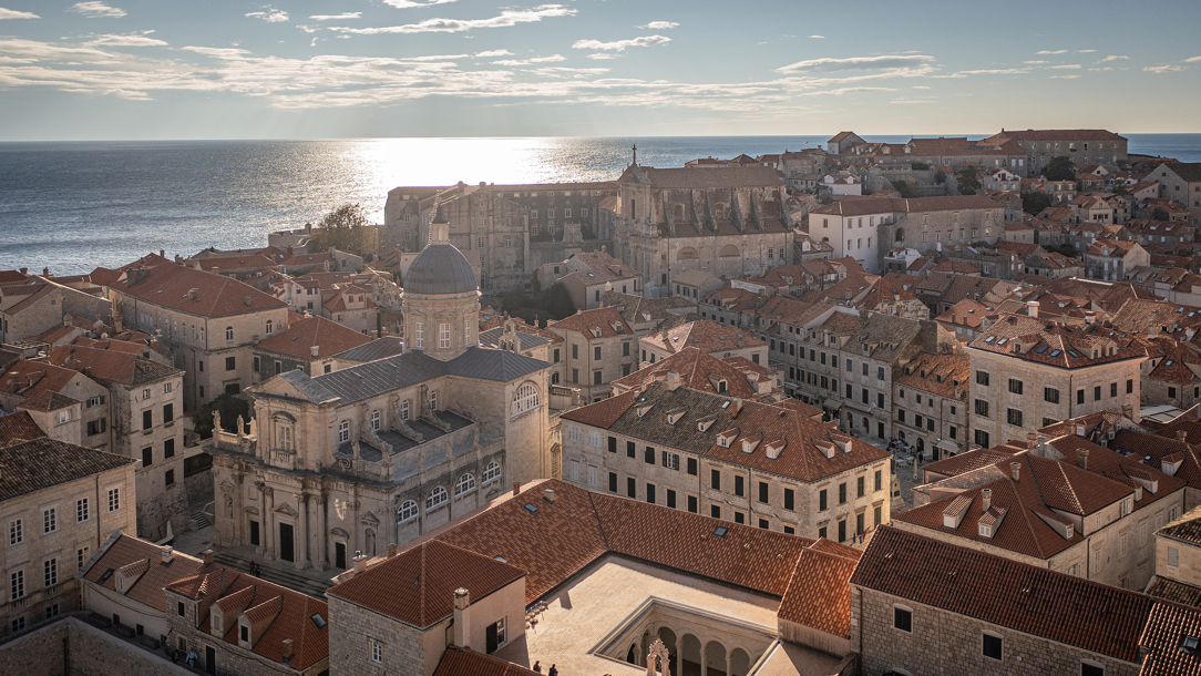 The sun setting over the old town of Dubrovnik.