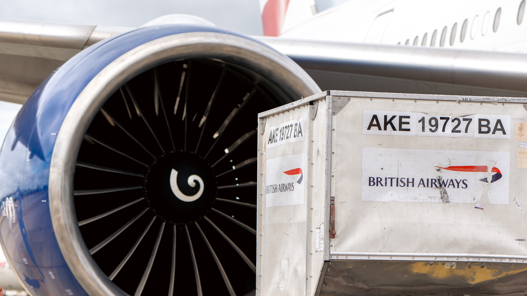 Baggage being put into the hold of a British Airways plane.