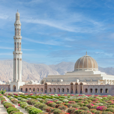 A wide view of the Grand Sultan Qaboos Mosque.