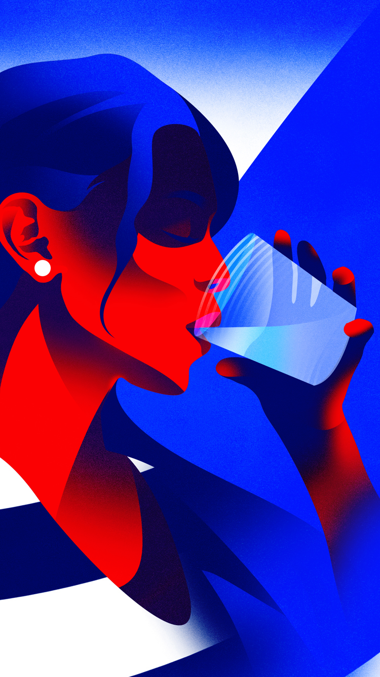 An illustration of a woman drinking water on a British Airways plane.