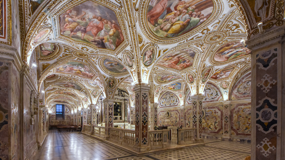 An elaborate frescoed ceiling in Salerno cathedral.
