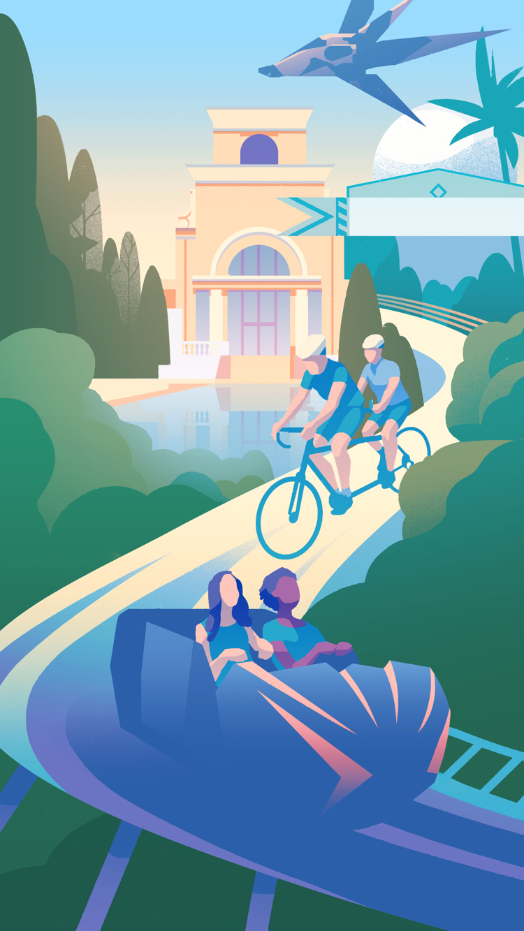 An illustration of Florida with cyclists and amusement park rides.