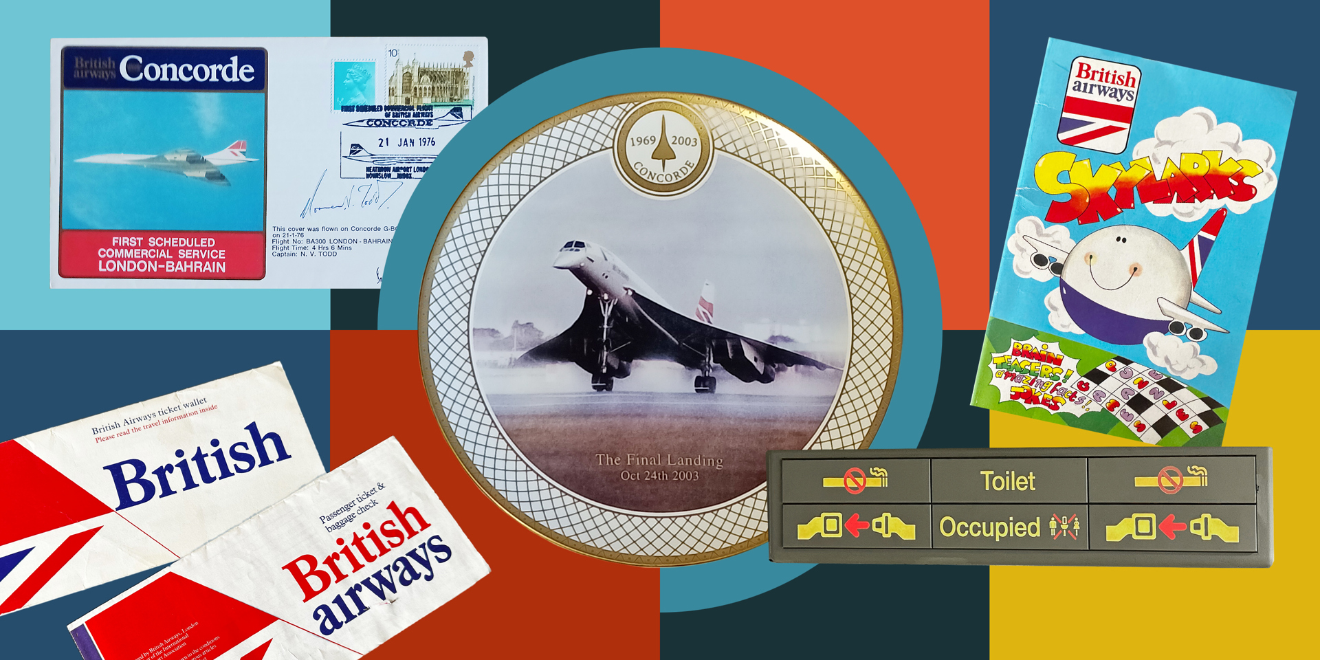 A collage of airline memorabilia on a multicoloured background.