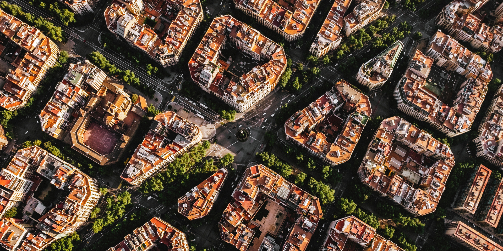 A bird's eye view of Barcelona showing the grid pattern the city is famous for.