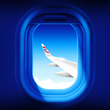 An illustration looking at the wing of an airplane from a seat inside the plane.