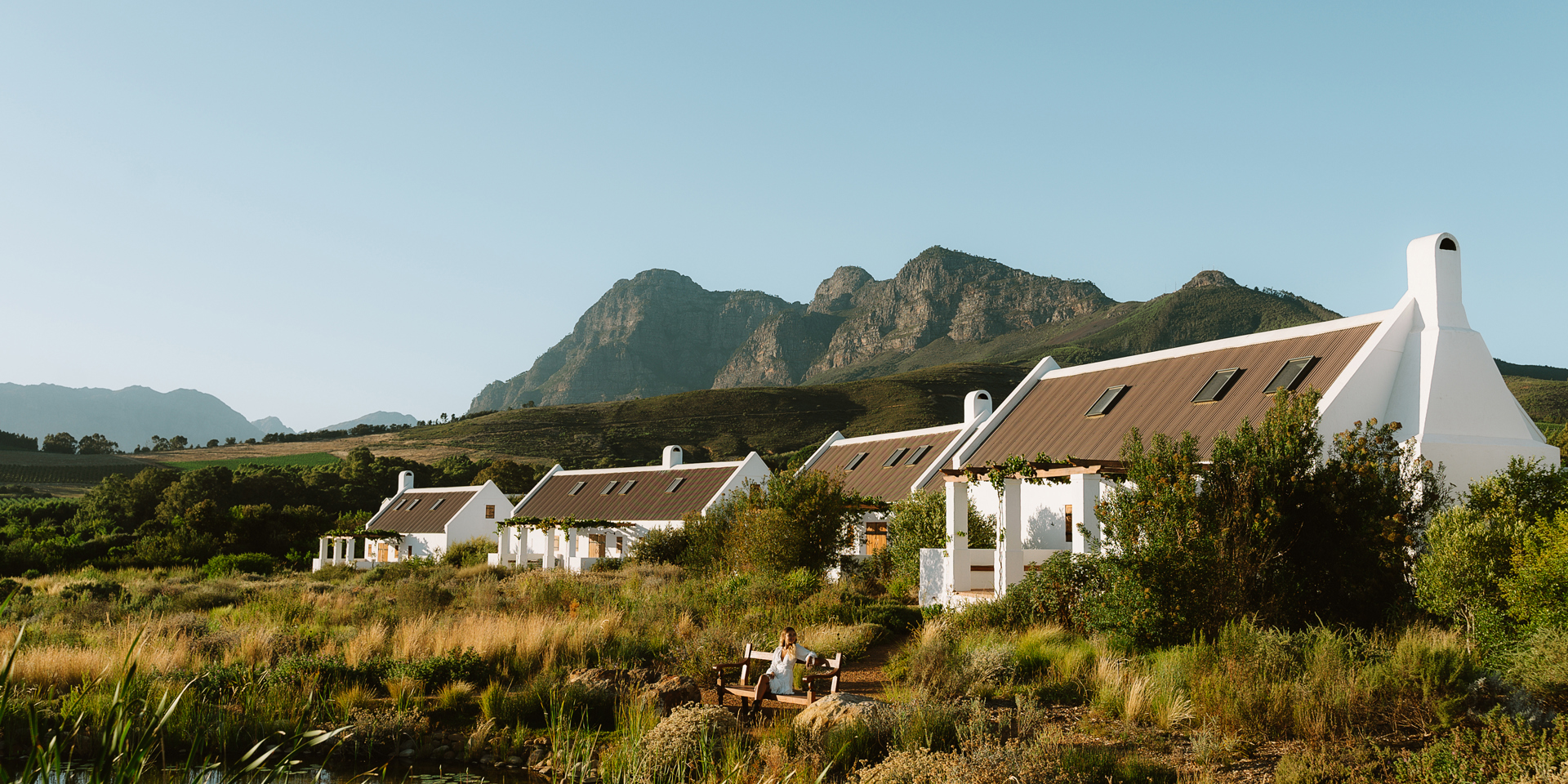 Outside Babylonstoren Franschhoek with mountains in the background.