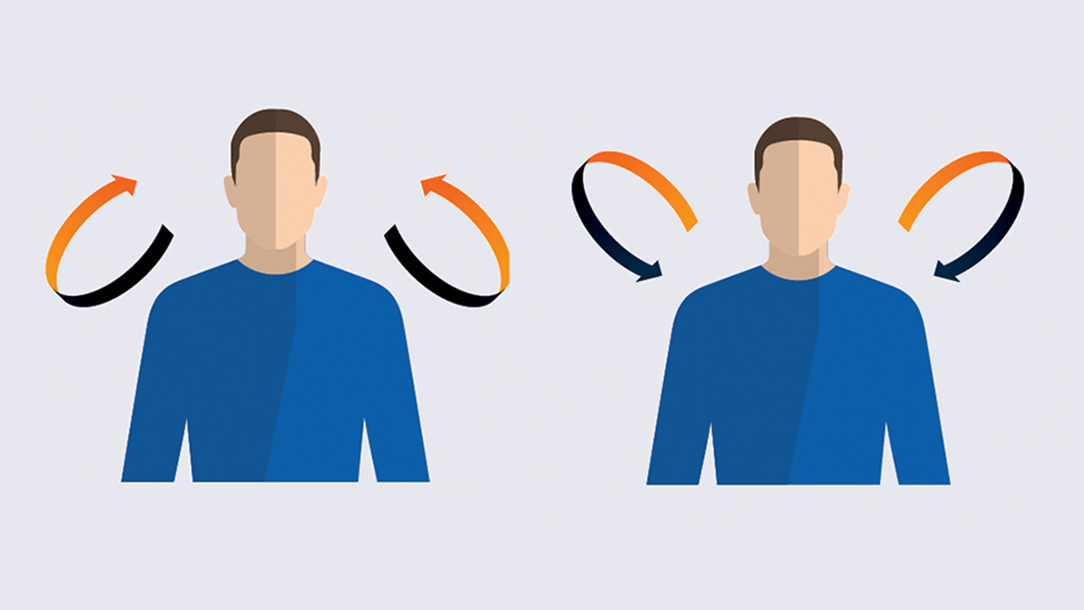 An illustration of a man doing shoulder rolls on a light blue background.