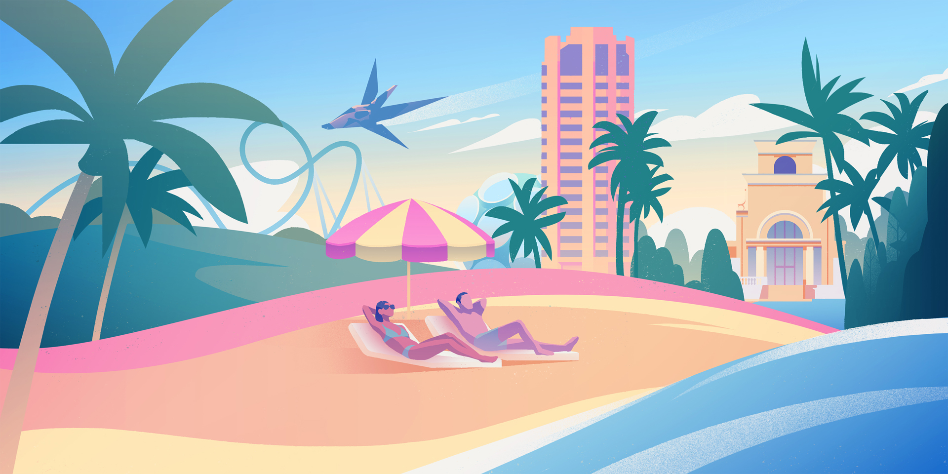 An illustration of Florida with landmarks and a beach.