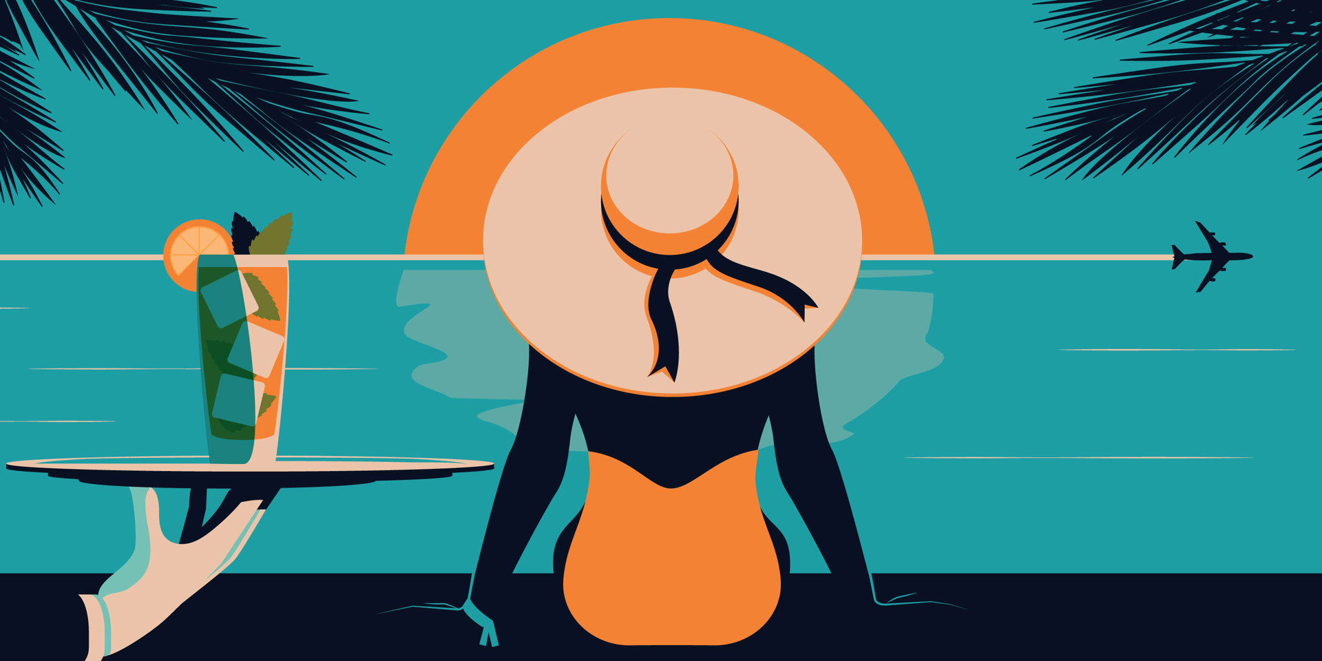 An illustration of a woman next to a pool in a bright orange swim suit.