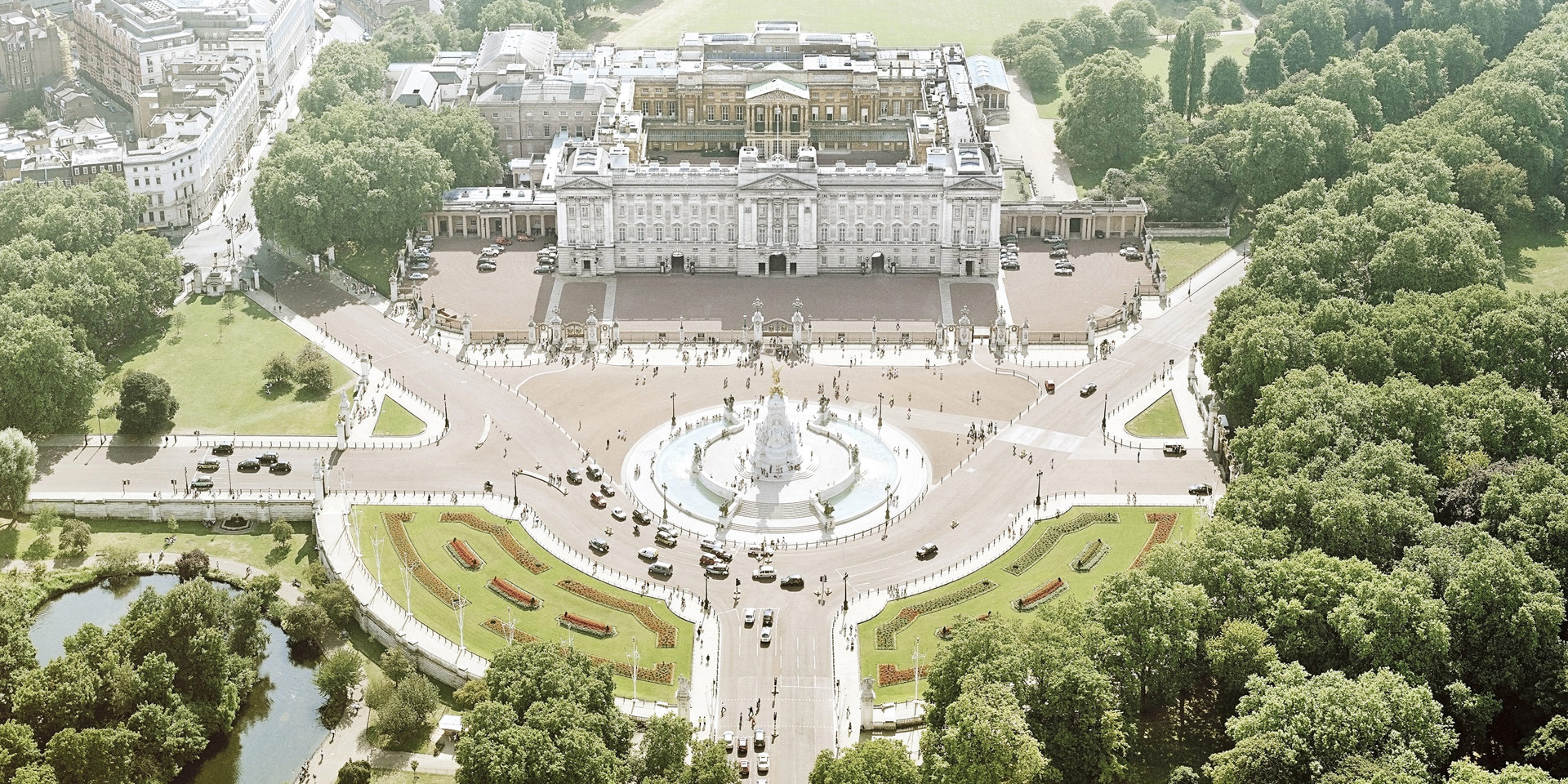 An aerial view of Buckingham Palace.