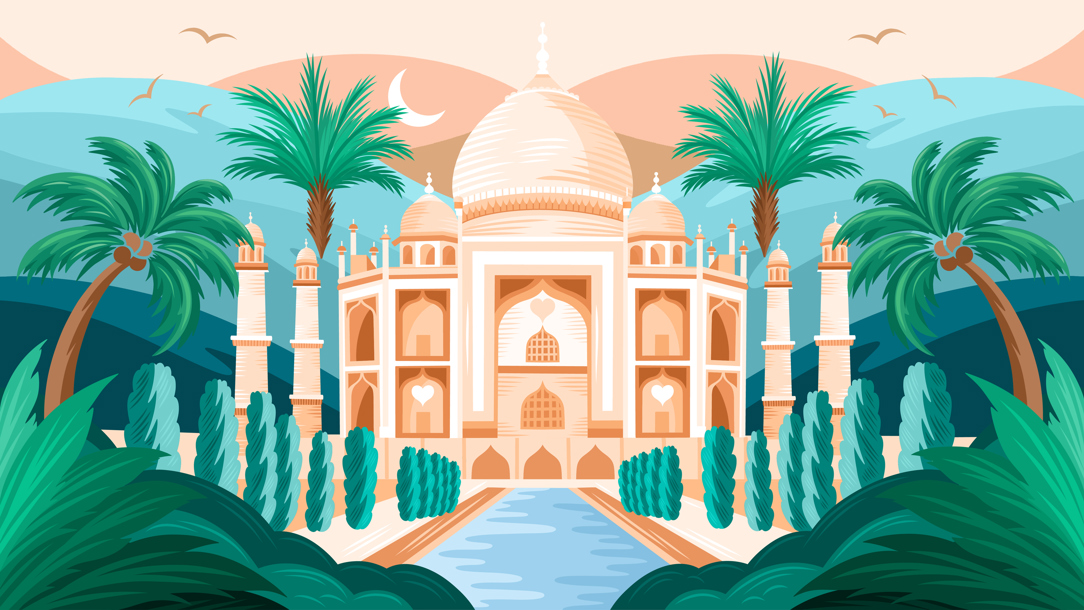 An illustration showing the Taj Mahal.