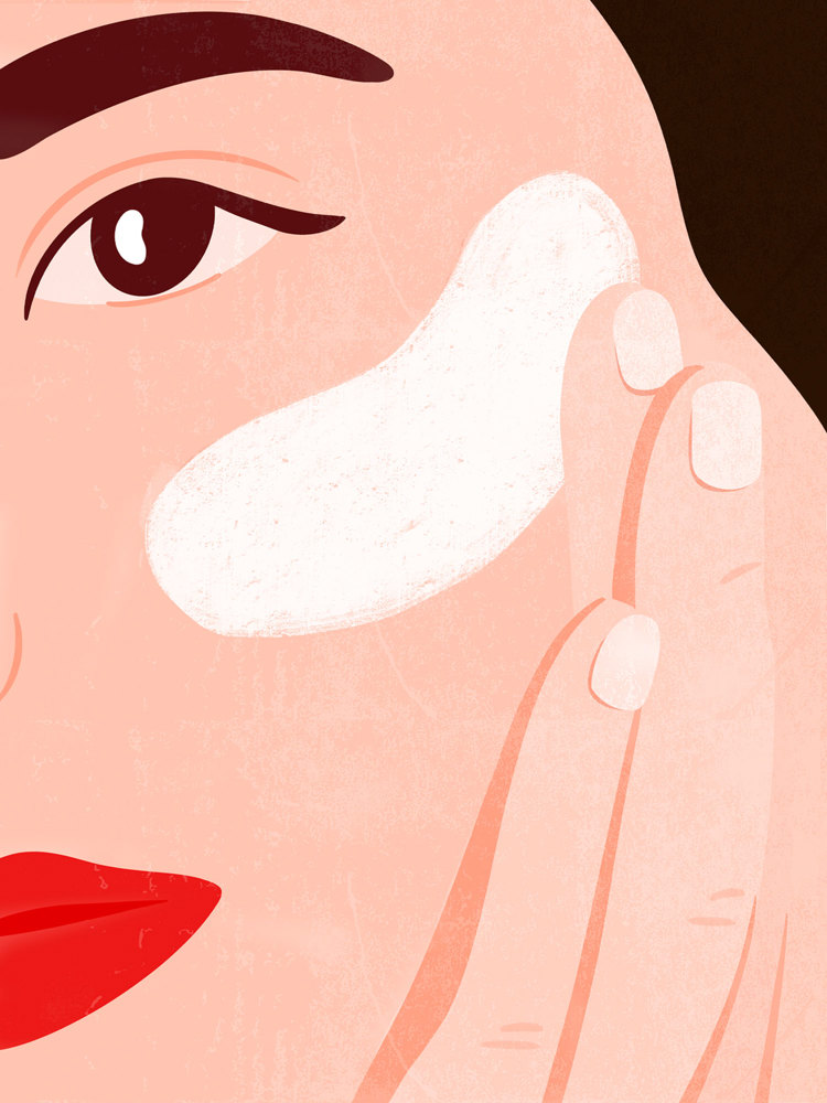 An illustration of a woman applying face cream.