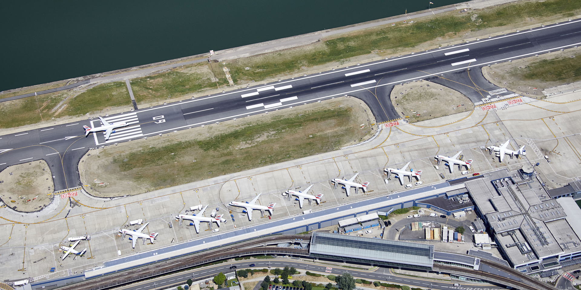 A view looking down at London City Airport.