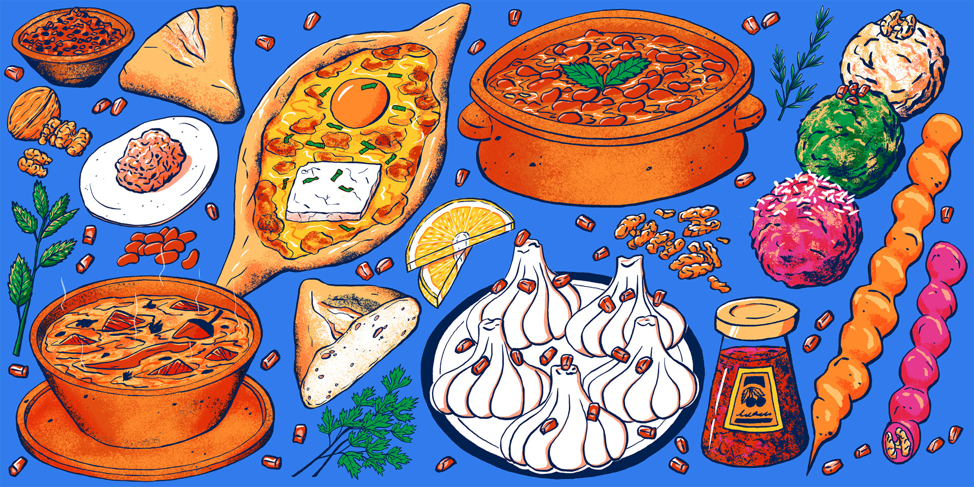 An illustration showing different kinds of food from Georgia.