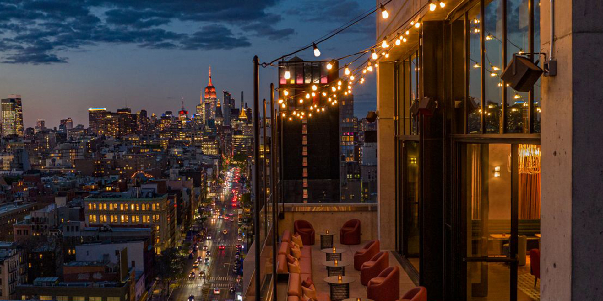 A night view of the rooftop terrace at the Roxy hotel on the Lower East Side of New York.