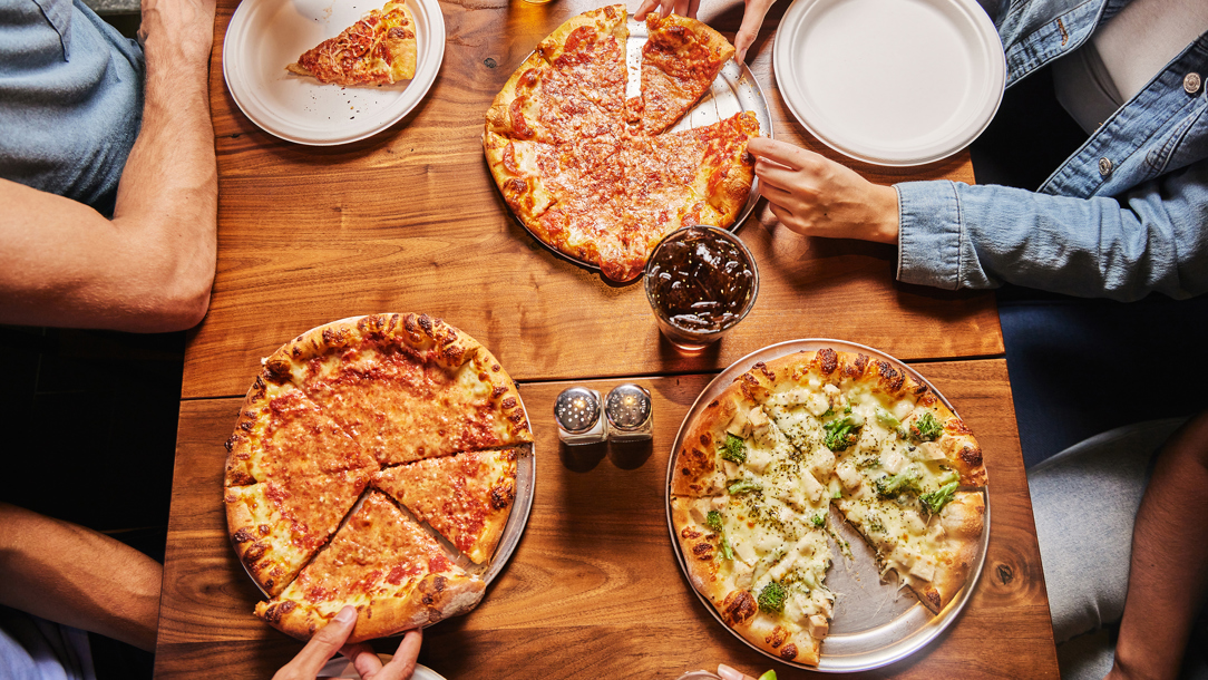 An overhead shot of pizza from Santarpio.