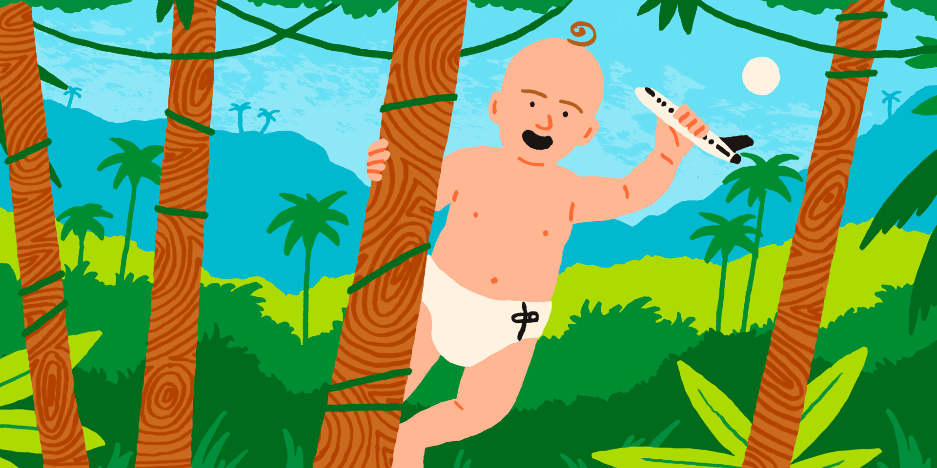 An illustration of a baby in a jungle.